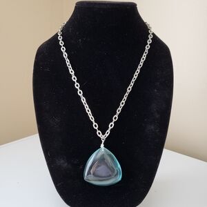 Clear Blueish Glass Pendant on Silver Tone Large Link Chain